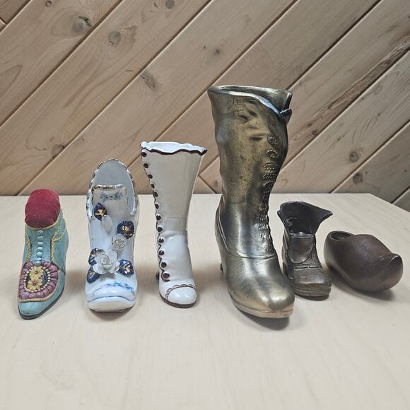 Lot Collectible  Boot Shoe Vintage  Miniature Brass Ceramic Wood Pin Cushion - Picture 2 of 7